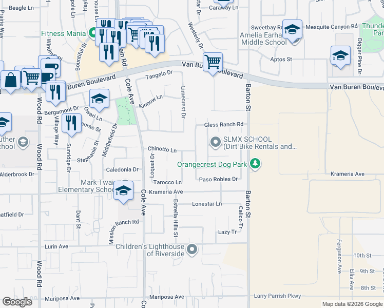 map of restaurants, bars, coffee shops, grocery stores, and more near 9186 Santa Barbara Drive in Riverside
