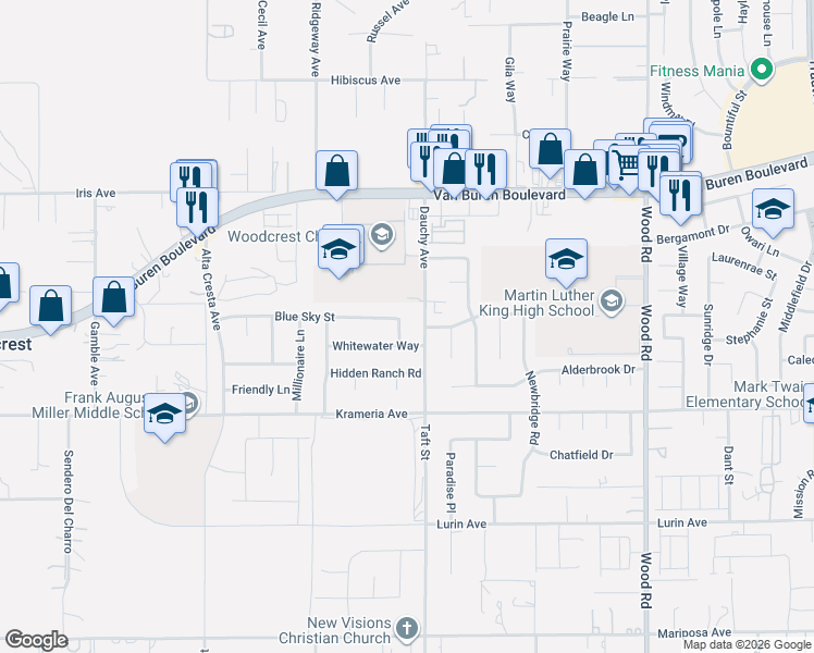 map of restaurants, bars, coffee shops, grocery stores, and more near 9205 Dauchy Avenue in Riverside