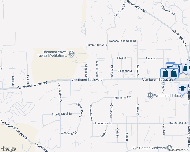 map of restaurants, bars, coffee shops, grocery stores, and more near 16123 Albarian Way in Riverside