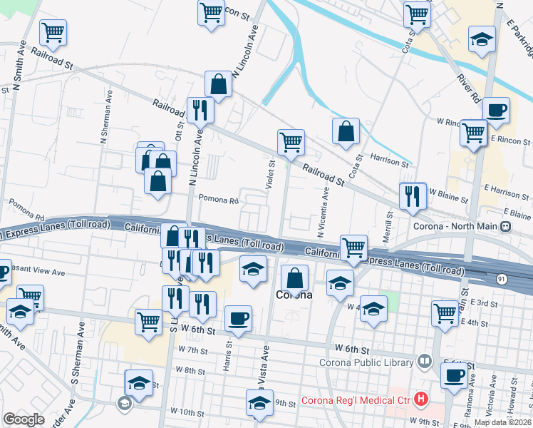 map of restaurants, bars, coffee shops, grocery stores, and more near 201 Violet Street in Corona
