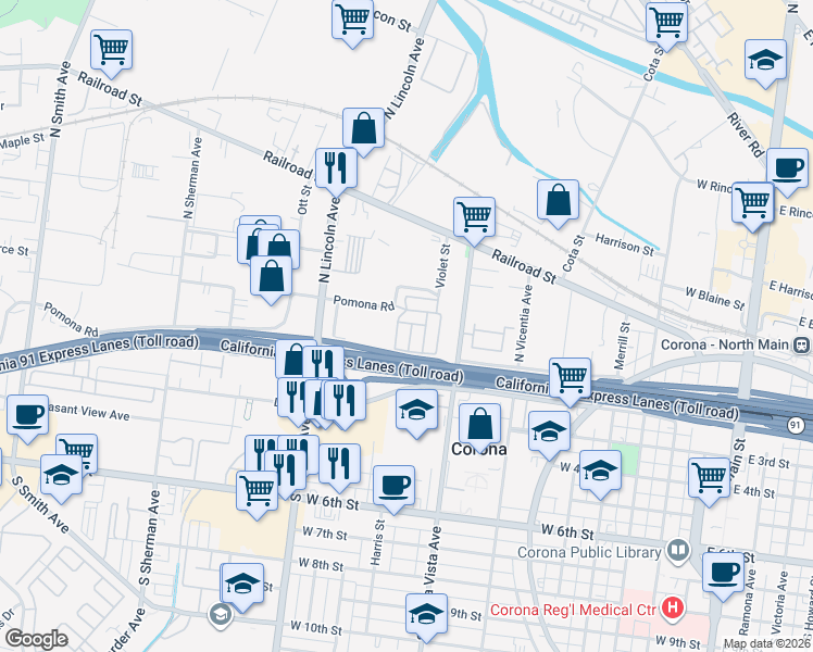 map of restaurants, bars, coffee shops, grocery stores, and more near 932 Pomona Road in Corona