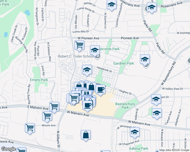 map of restaurants, bars, coffee shops, grocery stores, and more near 2137 Lawton Street in Fullerton