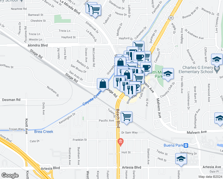 map of restaurants, bars, coffee shops, grocery stores, and more near 7667 Stage Road in Buena Park