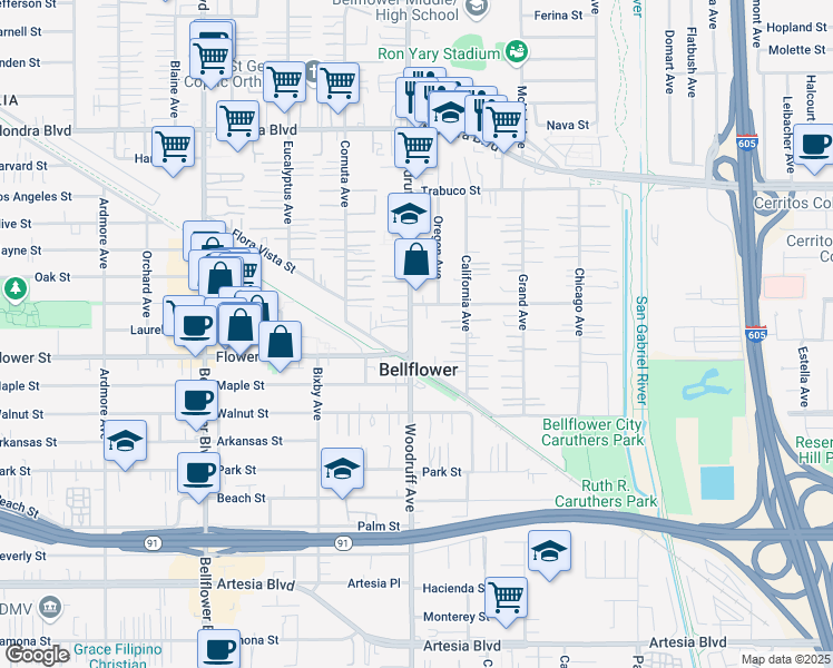 map of restaurants, bars, coffee shops, grocery stores, and more near 16459 Woodruff Avenue in Bellflower