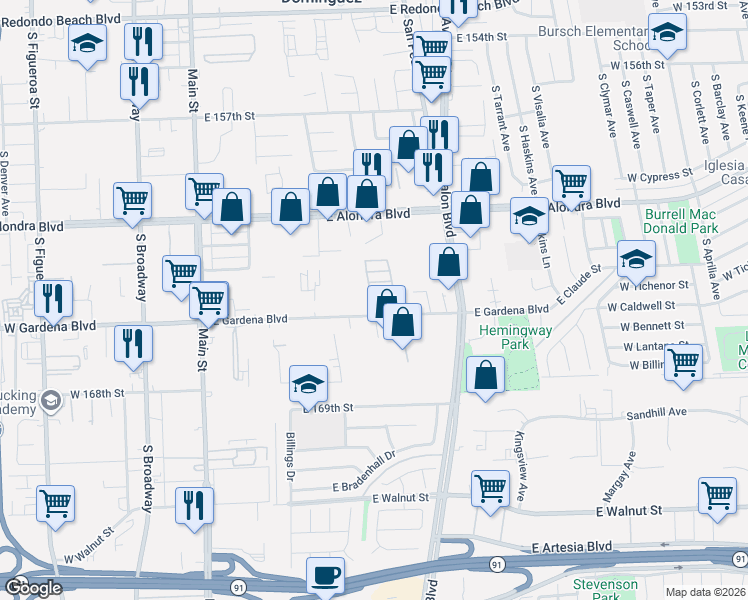 map of restaurants, bars, coffee shops, grocery stores, and more near 359 East Gardena Boulevard in Gardena