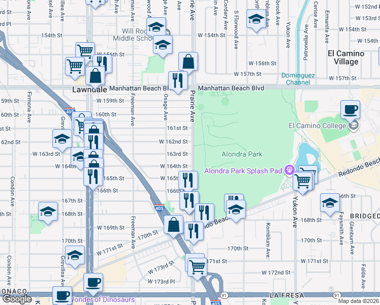 map of restaurants, bars, coffee shops, grocery stores, and more near 4006 West 162nd Street in Lawndale