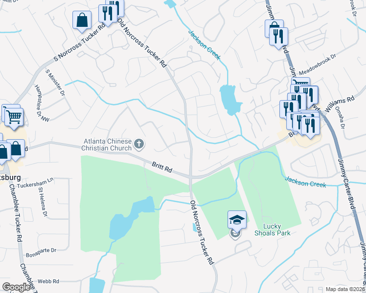 map of restaurants, bars, coffee shops, grocery stores, and more near 6518 Brynhurst Drive Northwest in Tucker