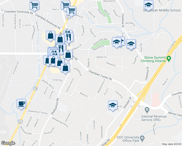 map of restaurants, bars, coffee shops, grocery stores, and more near 2584 Chamblee Tucker Road in Atlanta