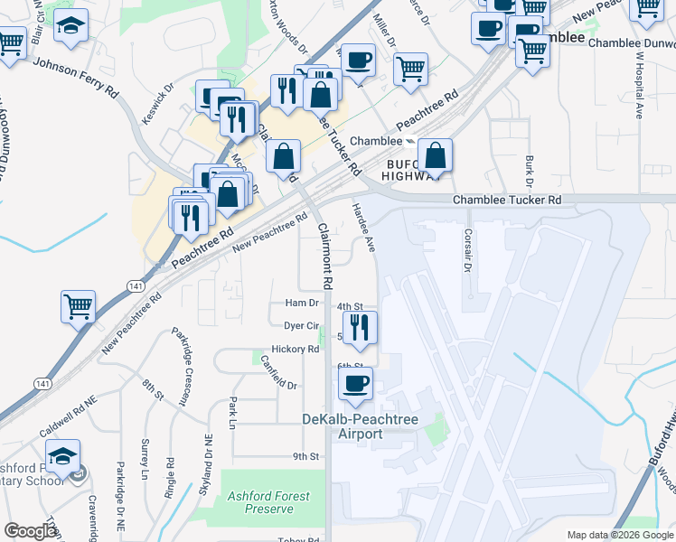map of restaurants, bars, coffee shops, grocery stores, and more near 4151 Clairmont Road in Chamblee