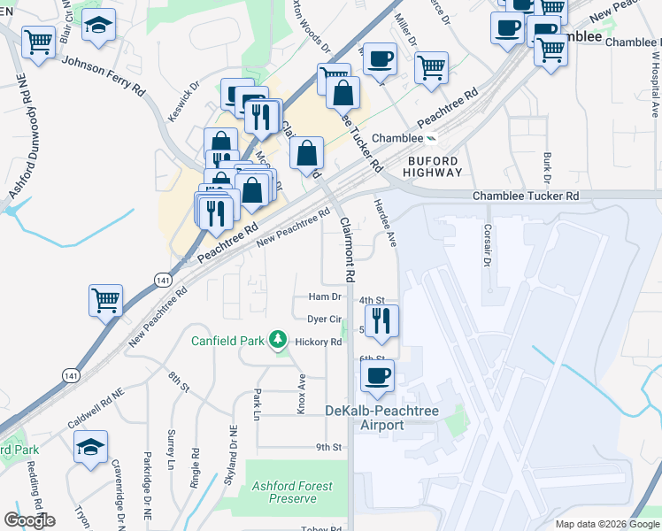 map of restaurants, bars, coffee shops, grocery stores, and more near 3193 Clairwood Terrace in Chamblee