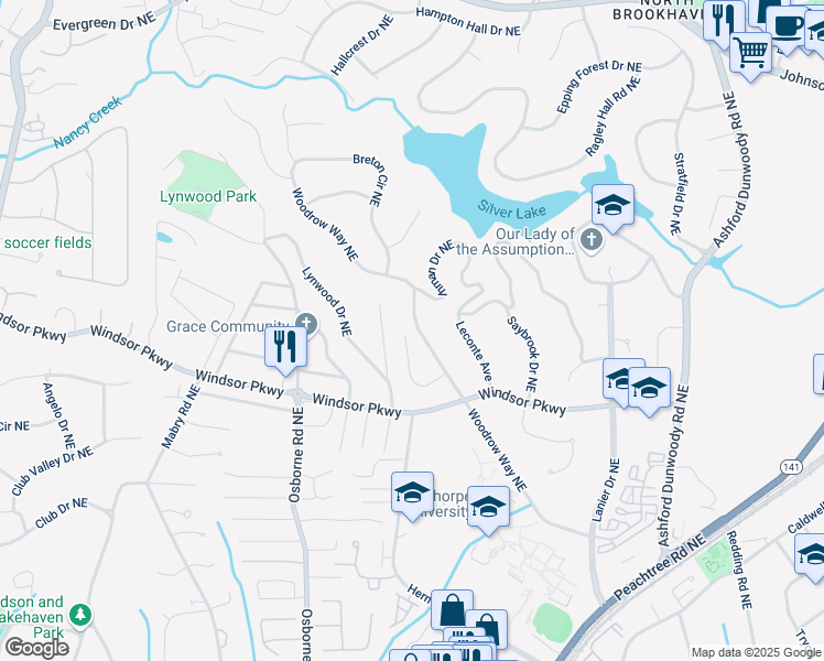 map of restaurants, bars, coffee shops, grocery stores, and more near 3204 Woodrow Way Northeast in Atlanta