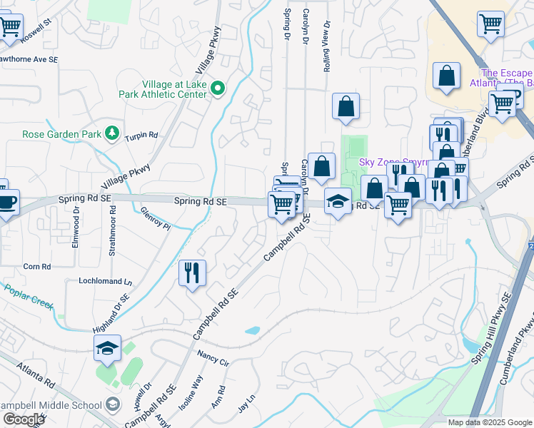map of restaurants, bars, coffee shops, grocery stores, and more near 105 Country Park Drive in Smyrna