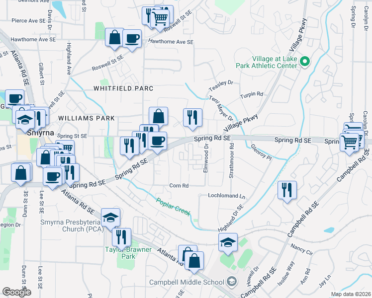 map of restaurants, bars, coffee shops, grocery stores, and more near 1630 Spring Street Southeast in Smyrna