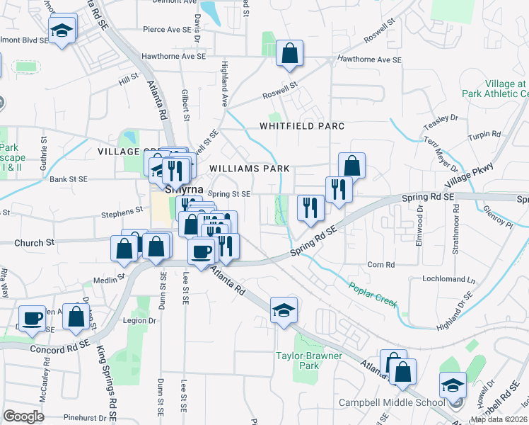 map of restaurants, bars, coffee shops, grocery stores, and more near 2856 Bernard Lane Southeast in Smyrna