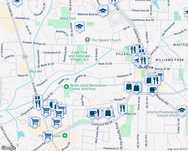 map of restaurants, bars, coffee shops, grocery stores, and more near 1307 Madison Lane South East in Smyrna