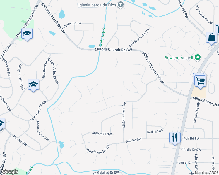 map of restaurants, bars, coffee shops, grocery stores, and more near 1728 Milford Creek Court Southwest in Marietta