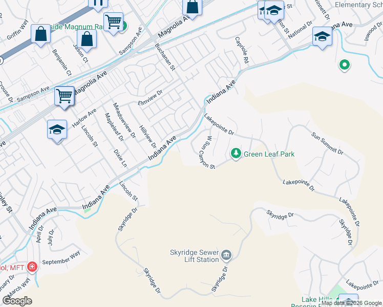 map of restaurants, bars, coffee shops, grocery stores, and more near 12308 Sandy Creek Drive in Riverside