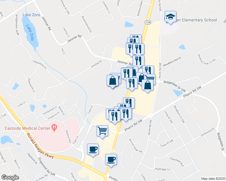 map of restaurants, bars, coffee shops, grocery stores, and more near 1679 Scenic Highway North in Snellville