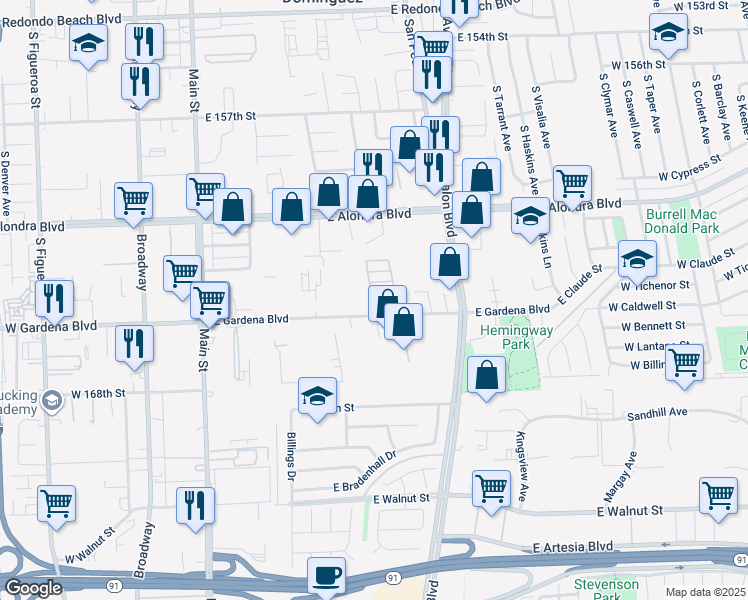 map of restaurants, bars, coffee shops, grocery stores, and more near 435 East Gardena Boulevard in Gardena