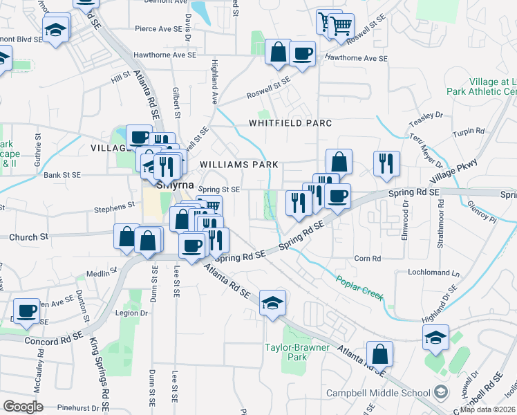 map of restaurants, bars, coffee shops, grocery stores, and more near 1554 Spring Street Southeast in Smyrna