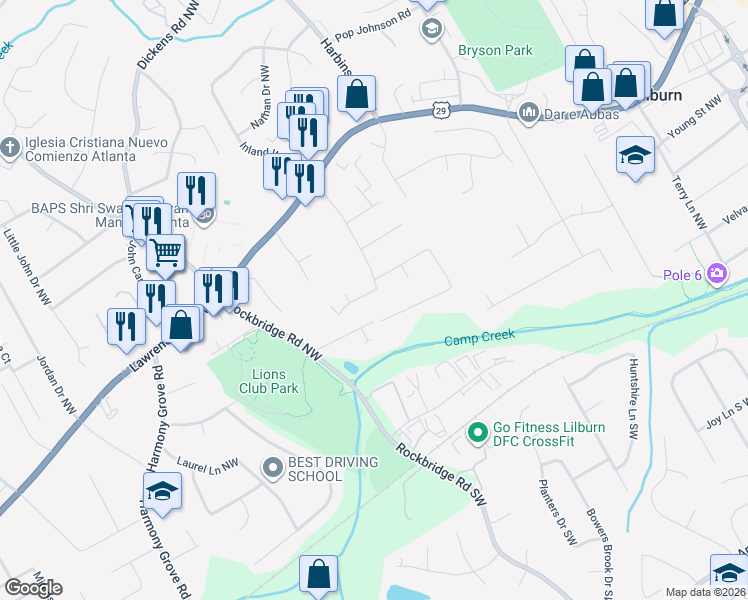 map of restaurants, bars, coffee shops, grocery stores, and more near 5316 Cobblestone Way Northwest in Lilburn