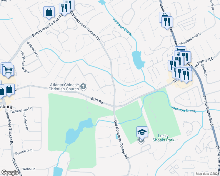 map of restaurants, bars, coffee shops, grocery stores, and more near 6518 Brynhurst Drive Northwest in Tucker