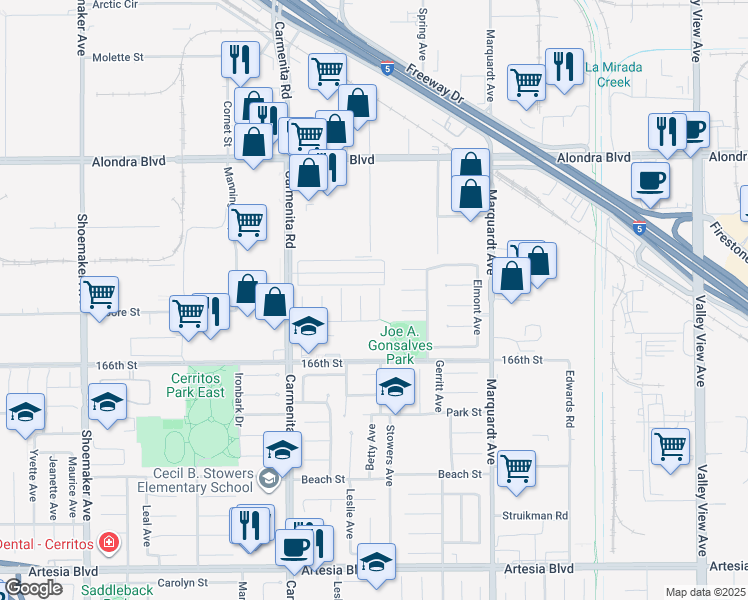 map of restaurants, bars, coffee shops, grocery stores, and more near 16417 Stowers Avenue in Cerritos