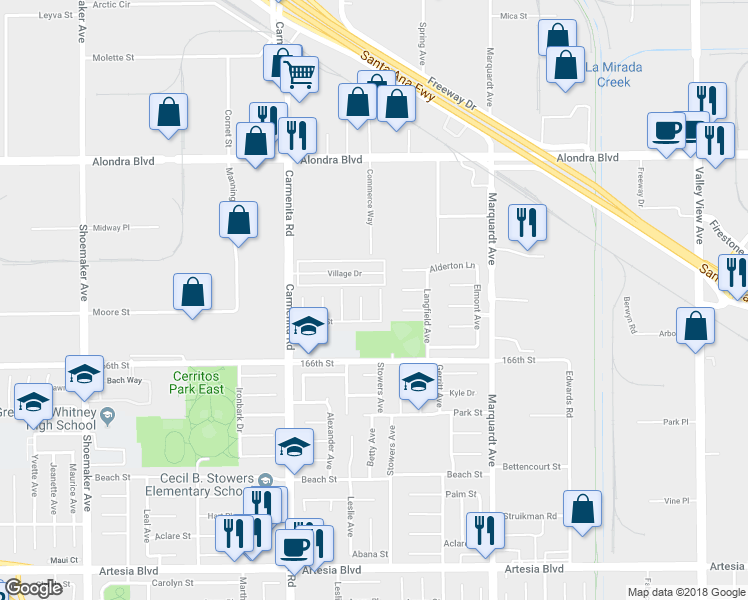 map of restaurants, bars, coffee shops, grocery stores, and more near 16417 Stowers Avenue in Cerritos