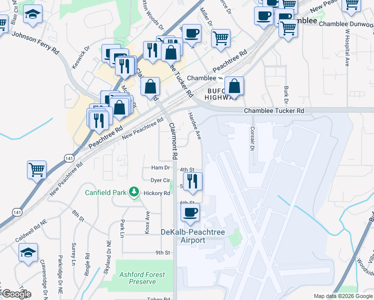 map of restaurants, bars, coffee shops, grocery stores, and more near 1959 Wingate Road in Chamblee