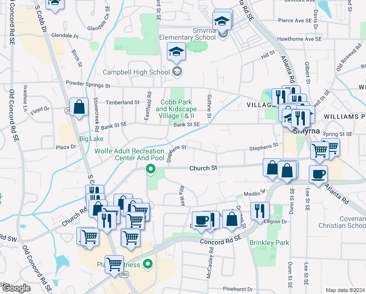 map of restaurants, bars, coffee shops, grocery stores, and more near 203 Madison Court in Smyrna