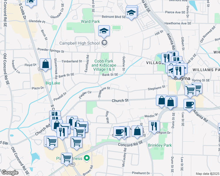 map of restaurants, bars, coffee shops, grocery stores, and more near 503 Madison Lane in Smyrna