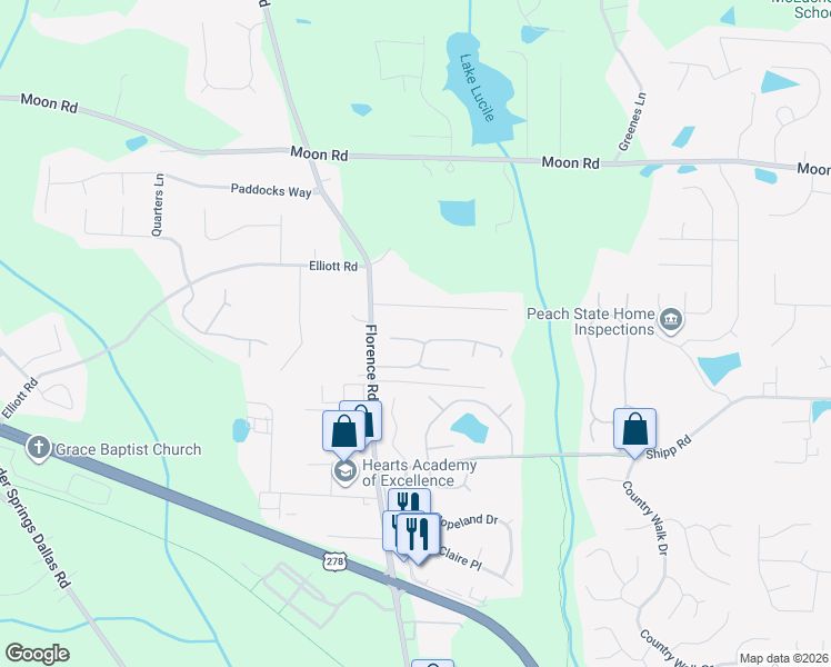 map of restaurants, bars, coffee shops, grocery stores, and more near 5208 Glendora Court in Powder Springs