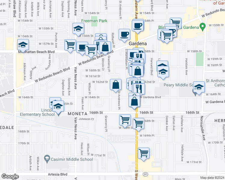 map of restaurants, bars, coffee shops, grocery stores, and more near 16230 Gramercy Place in Gardena