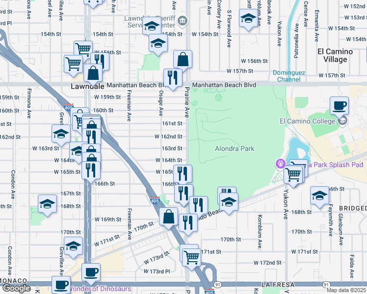 map of restaurants, bars, coffee shops, grocery stores, and more near 4006 West 162nd Street in Lawndale