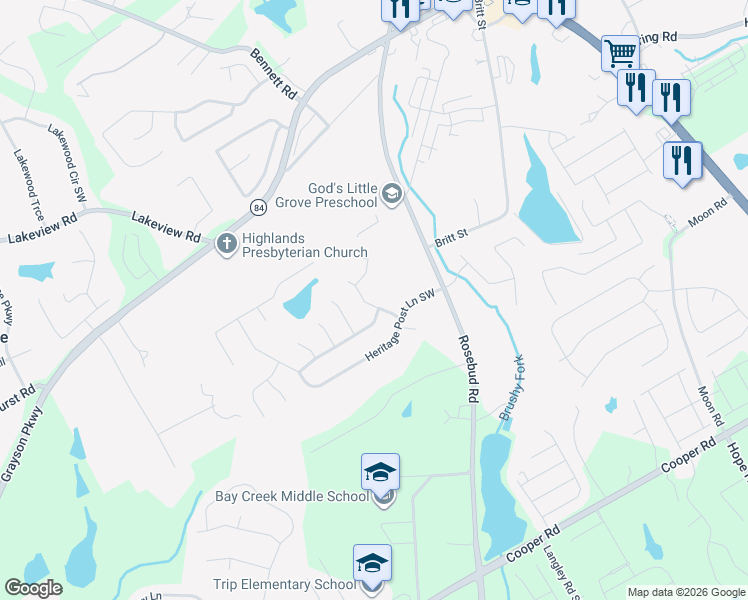 map of restaurants, bars, coffee shops, grocery stores, and more near 662 Chestnut Walk Place Southwest in Grayson