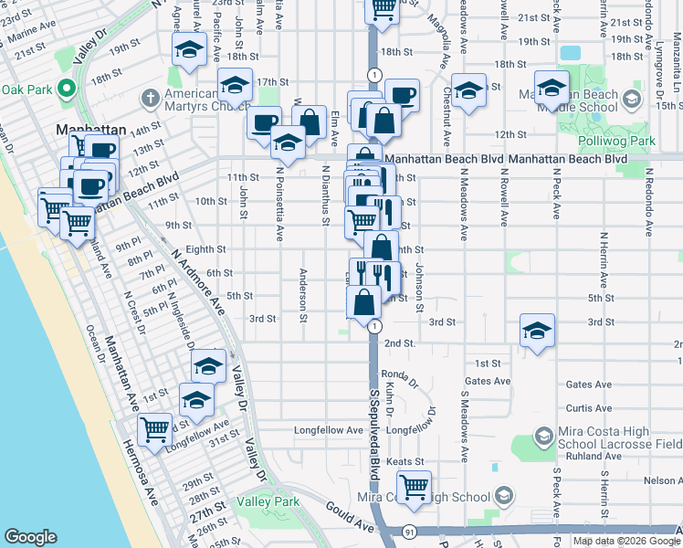 map of restaurants, bars, coffee shops, grocery stores, and more near 605 Larsson Street in Manhattan Beach