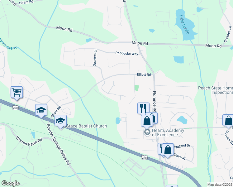 map of restaurants, bars, coffee shops, grocery stores, and more near 5316 Yoshino Terrace in Powder Springs