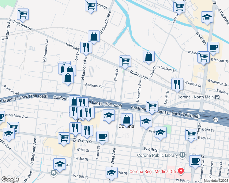 map of restaurants, bars, coffee shops, grocery stores, and more near 201 Violet Street in Corona