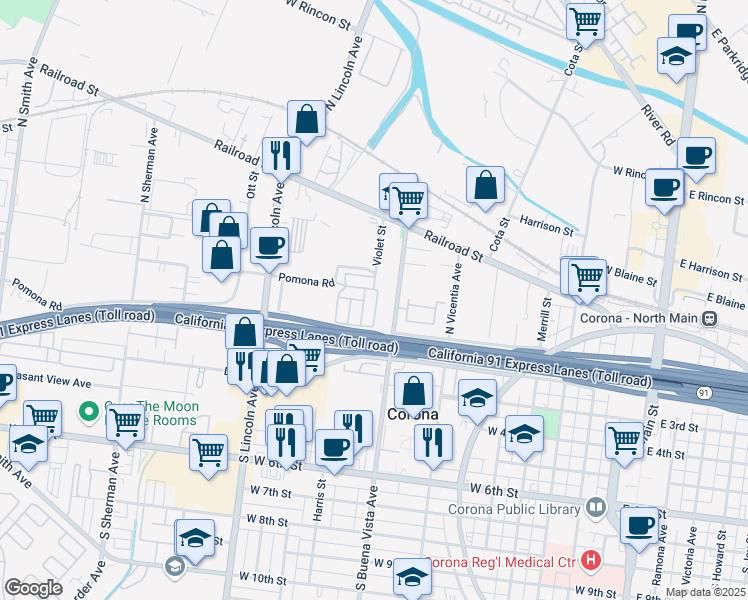 map of restaurants, bars, coffee shops, grocery stores, and more near 995 Pomona Road in Corona