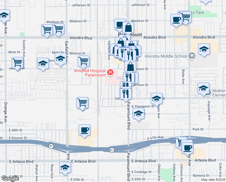 map of restaurants, bars, coffee shops, grocery stores, and more near 16623 Lake Avenue in Paramount