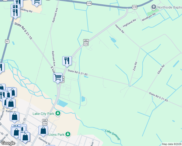 map of restaurants, bars, coffee shops, grocery stores, and more near 275 State Road S-21-85 in Lake City