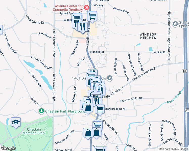 map of restaurants, bars, coffee shops, grocery stores, and more near 4684 Roswell Road Northeast in Atlanta