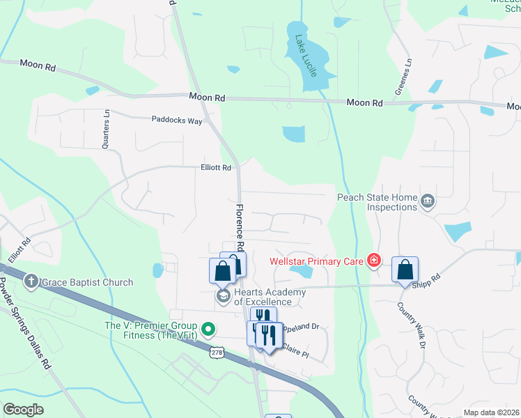 map of restaurants, bars, coffee shops, grocery stores, and more near 5150 Ray Court in Powder Springs
