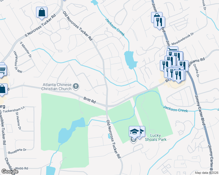 map of restaurants, bars, coffee shops, grocery stores, and more near 902 Old Norcross Tucker Road in Tucker
