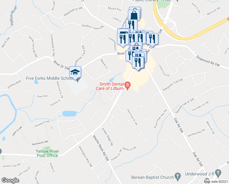 map of restaurants, bars, coffee shops, grocery stores, and more near 3127 Misty View Court Southwest in Lilburn