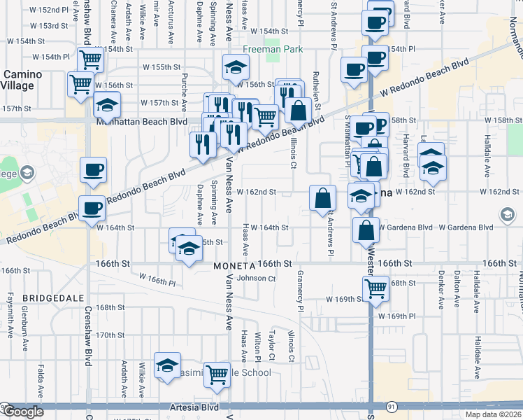 map of restaurants, bars, coffee shops, grocery stores, and more near 17116 Wilton Place in Torrance