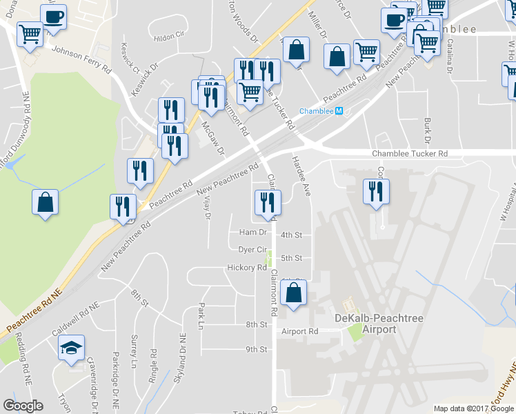 map of restaurants, bars, coffee shops, grocery stores, and more near 3193 Clairwood Terrace in Chamblee
