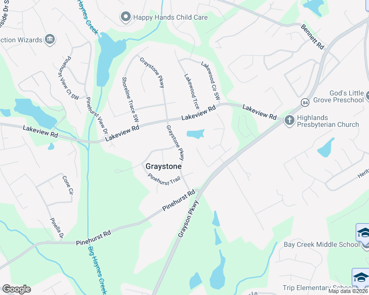 map of restaurants, bars, coffee shops, grocery stores, and more near 2132 Graystone Parkway in Grayson