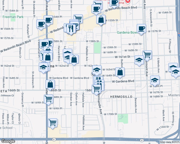 map of restaurants, bars, coffee shops, grocery stores, and more near 1415 West Gardena Boulevard in Gardena