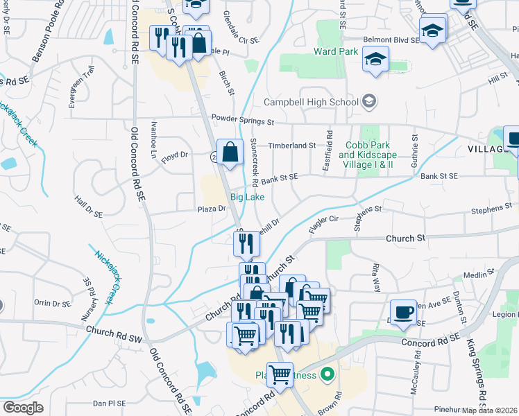 map of restaurants, bars, coffee shops, grocery stores, and more near 2905 Stonecreek Road in Smyrna